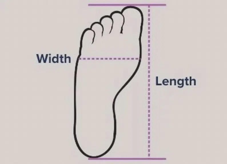 May include: A black outline illustration of a human foot on a light background. The image features purple dashed lines indicating the measurement points for the foot, with the text labels Width and Length clearly displayed next to the lines.
