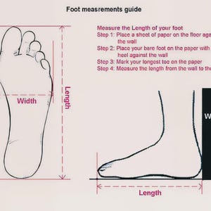 May include: A foot measurement guide with illustrations and instructions. The image shows a foot outline with length and width measurements, and a side view of a foot against a wall. Text includes steps for measuring foot length.