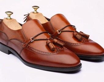 Handmade Tan Leather Tassel Loafers - Slip-On Men's Dress Shoes