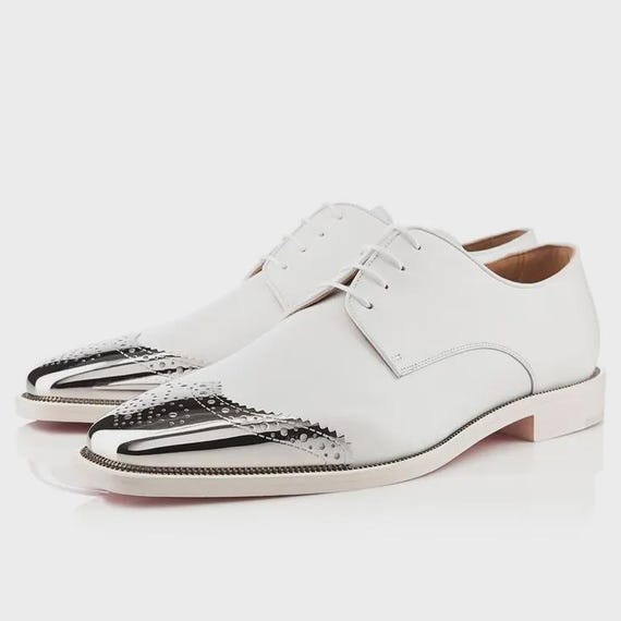 Christian Louboutin White Leather Derby Shoes Men - Silver Metal Cap Toe Dress Shoes
