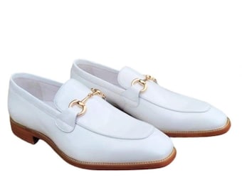 Vita Läder Loafers Horsebit Handgjorda Slip-On Finskor Formella Lyxiga Herrskor