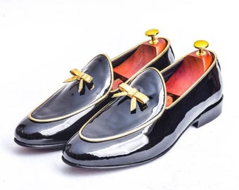 Black Patent Leather Tassel Loafers for Men Handmade Luxury Wedding Party Formal Dress Shoes