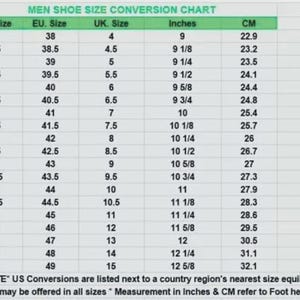 May include: A shoe size conversion chart for men, with US, EU, and UK sizes, inches, and centimeters. The chart includes sizes from US 5 (22.9 cm) to US 16 (32.1 cm). The text at the bottom states that US conversions are listed next to a country's nearest size equivalent.