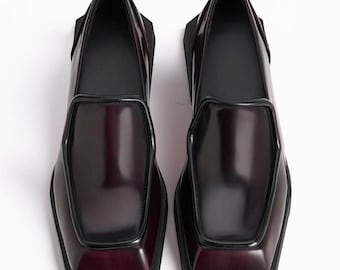 Läderloafers med fyrkantig tå för män _ Handgjorda vinröda klänningsskor slip-on formella skor