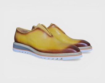 Handgjorda gula patina slip-on skor _ Lyxiga läder herrskor formella klänningar casual