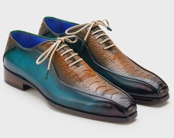 Handmade Teal Patina Oxford Shoes _ Exotic Leather Men Formal Wedding Dress Shoes