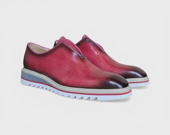 Handgjorda vinröda patina slip-on skor _ Lyxiga läderskor för män, casual, formella kläder