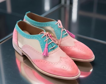 Handcrafted women pink three tone oxford wingtip brogue dress shoes