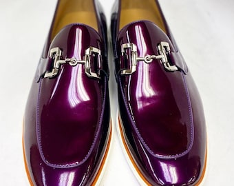 Handgjorda lila lackade loafers i läder med hästspett för män _ Lyxiga slip-on-skor för fest och bröllop