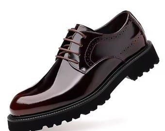Burgundy Patent Calfskin Derby Shoes Men _ Chunky Lug Sole Oxblood Punk Brogues