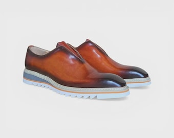 Handgjorda Cognac Patina Slip On Skor _ Lyxiga Läder Herrskor I Casual Formell Stil