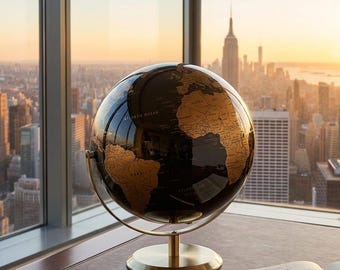 Globo terráqueo moderno de escritorio en negro, dorado y plateado, lujoso elemento decorativo metálico para el hogar, globo terráqueo para la oficina.