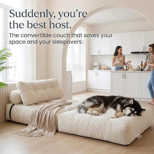 May include: A low-profile, cream-colored corduroy convertible couch with a tufted backrest and a matching ottoman. The text reads: Suddenly, you're the best host. The convertible couch that saves your space and your sleepovers.