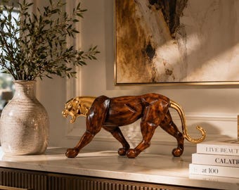 Luxury Panther Sculpture, Silver or Gold & Wood Panther Statue, Modern Home Decor, Animal Figurine, Office Desk Accent, Shelf Decor