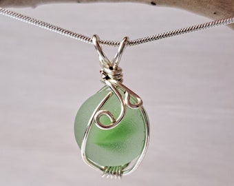 Genuine Green and White Sea Glass Marble Necklace