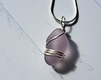 Wire Wrapped Lavender Genuine Sea Glass Necklace