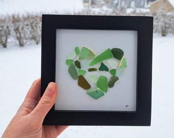 Shades of Green Genuine Sea Glass and Beach Pottery Heart Picture in a Tabletop or Wall Frame - 5"x5"