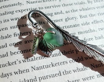 Green Genuine Sea Glass Bookmark with Feather and Crystal Charms