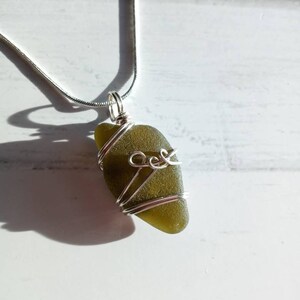 Wire Wrapped Deep Green Genuine Sea Glass Necklace with Sterling Silver Chain