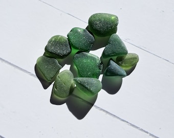 Lot of 10 Medium Dark Green Genuine Sea Glass Pieces