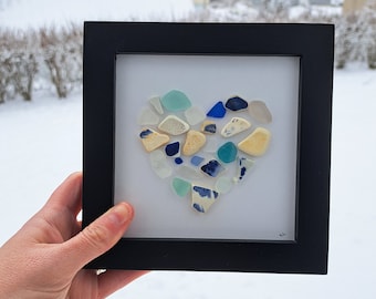 Shades of Blue Genuine Sea Glass and Beach Pottery Heart Tabletop or Wall Frame Picture - 5"x5"