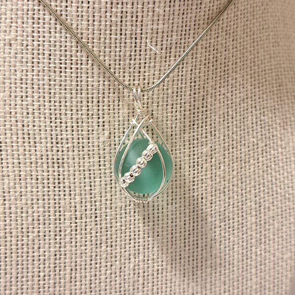 Genuine Wire Wrapped Blue-Green Sea Glass Marble Necklace