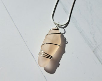 Pastel Pink Wire Wrapped Genuine Sea Glass Necklace