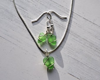 Genuine Kelly Green Sea Glass Earring and Necklace Set