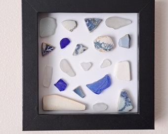 Shades of Blue Genuine Sea Glass and Beach Pottery Wall Frame Picture - 5"x5"