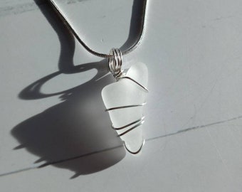 Wire wrapped Genuine white heart shaped sea glass necklace with sterling silver chain