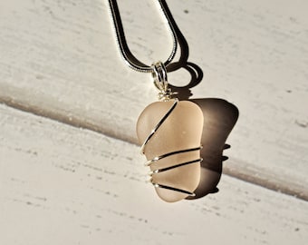 Wire Wrapped Genuine  Pastel Pink Sea Glass Necklace