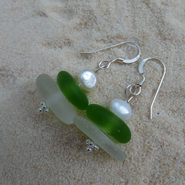 Drilled and stacked lime green and white sea glass earrings with pearls