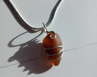 Wire wrapped Genuine brown sea glass necklace with sterling silver chain