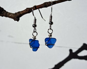 Genuine Cobalt Blue Sea Glass Earrings