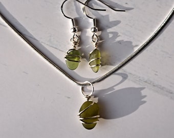 Genuine Olive Green Sea Glass Earring and Necklace Set