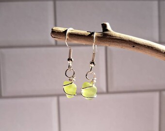 Lime Green Wire Wrapped Genuine Sea Glass Earrings