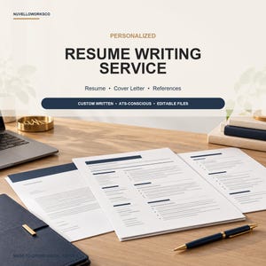 May include: A digital graphic for a personalized resume writing service featuring the text NUVELLOWORKSCO, PERSONALIZED RESUME WRITING SERVICE, Resume, Cover Letter, References, and CUSTOM WRITTEN, ATS-CONSCIOUS, EDITABLE FILES, MADE-TO-ORDER DIGITAL SERVICE.