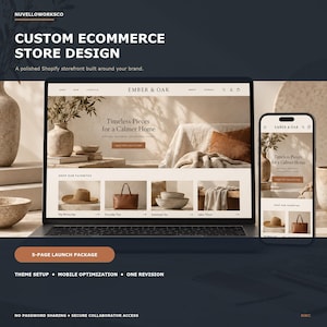Op de afbeelding: Een laptop en smartphone tonen een aangepast Shopify-winkelontwerp voor het merk Ember & Oak. Het scherm toont een website met een neutraal kleurenpalet, met productafbeeldingen van een hoed, tas, aardewerk en een linnen plaid.