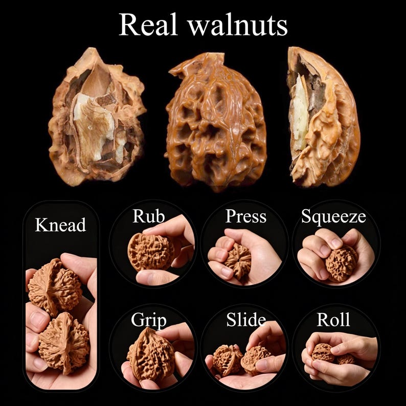 Puede incluir: Una muestra de nueces reales con tres nueces enteras o partidas en la parte superior y siete paneles circulares debajo que demuestran movimientos de mano etiquetados Knead, Rub, Press, Squeeze, Grip, Slide y Roll con c&aacute;scaras marrones.