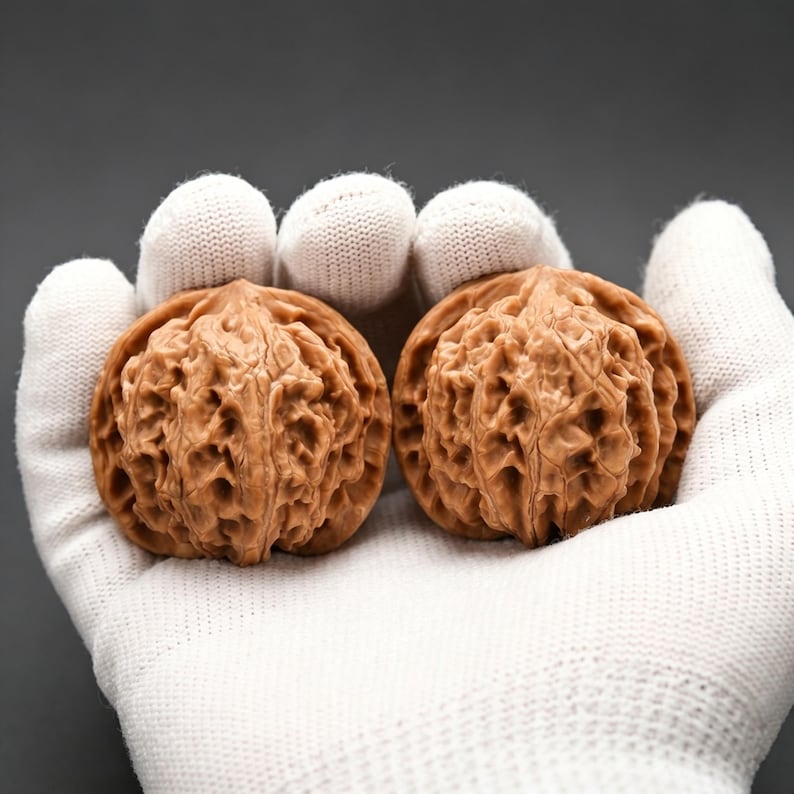 Puede incluir: Dos nueces enteras con c&aacute;scaras de color marr&oacute;n claro profundamente texturizadas. Las c&aacute;scaras presentan crestas y surcos irregulares e intrincados, caracter&iacute;sticos de los exteriores de nuez naturales. Las nueces se muestran juntas.