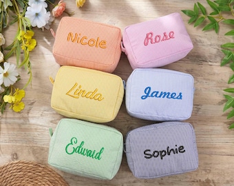 Custom Embroidered Name Striped Pouch, Unique Keepsake Gift for Bridesmaid, Custom Travel Cosmetic Bag, Bridesmaid Gift