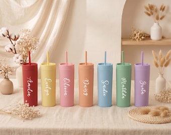 Personalized Matte Plastic Skinny Tumbler with Straw, Custom Name Pastel Cup, Bridesmaid Proposal & Bachelorette Party Favor