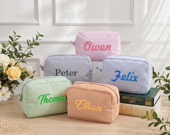 Embroidered Seersucker Makeup Bag, Custom Travel Cosmetic Bag, Custom Bag, Vacation Cosmetic Organizer, Gift for Bridesmaid