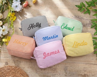 Personalized Bridesmaid Cosmetic Bag, Custom Name Embroidered Seersucker Makeup Pouch, Striped Cosmetic Case
