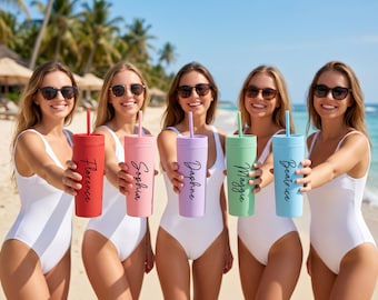 Custom Name Matte Plastic Skinny Tumbler, Personalized Slim Cup with Straw, Customized Holiday Keepsake Tumbler, Bulk Custom Party Favors