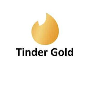 May include: The Tinder Gold logo features a stylized, golden flame shape above the words "Tinder Gold" in black, sans-serif font. The design is set against a clean white background, creating a simple and modern aesthetic.