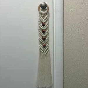 Cream Chevron Handmade Macrame Elegant Wall Hanging with Patterned Wooden Beads