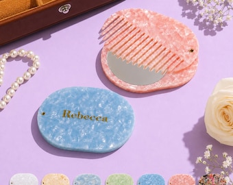 Personalized Folding Comb with Mirror, Custom Name Pocket Acetate Hair Comb, Compact Travel Beauty Accessory, Bridesmaid Gift for Her