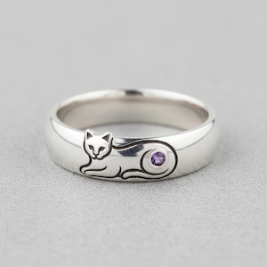 925 Sterling Silver Cat Ring with Amethyst Purple Gem, Cat Lover Cute Kitty Statement Band
