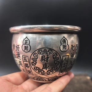 Chinese Fortune Bowl, Silver-Plated Wealth Pot with Lucky Characters